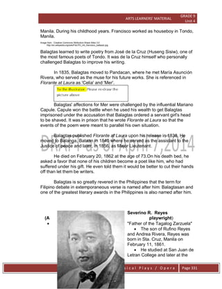 ARTS LEARNERS’ MATERIAL
GRADE 9
Unit 4
W e s t e r n C l a s s i c a l P l a y s / O p e r a Page 331
Manila. During his childhood years. Francisco worked as houseboy in Tondo,
Manila.
Image from : Creative Commons Attribution-Share Alike 3.0
http://en.wikipedia.org/wiki/File:PH_nhi_francisco_baltazar.jpg
Balagtas learned to write poetry from José de la Cruz (Huseng Sisiw), one of
the most famous poets of Tondo. It was de la Cruz himself who personally
challenged Balagtas to improve his writing.
In 1835, Balagtas moved to Pandacan, where he met María Asunción
Rivera, who served as the muse for his future works. She is referenced in
Florante at Laura as 'Celia' and 'Mer'.
Balagtas' affections for Mer were challenged by the influential Mariano
Capule. Capule won the battle when he used his wealth to get Balagtas
imprisoned under the accusation that Balagtas ordered a servant girl's head
to be shaved. It was in prison that he wrote Florante at Laura so that the
events of the poem were meant to parallel his own situation.
Balagtas published Florante at Laura upon his release in 1838. He
moved to Balanga, Bataan in 1840 where he served as the assistant to the
Justice of peace and later, in 1856, as Major Lieutenant.
He died on February 20, 1862 at the age of 73.On his death bed, he
asked a favor that none of his children become a poet like him, who had
suffered under his gift. He even told them it would be better to cut their hands
off than let them be writers.
Balagtas is so greatly revered in the Philippines that the term for
Filipino debate in extemporaneous verse is named after him: Balagtasan and
one of the greatest literary awards in the Philippines is also named after him.
Severino R. Reyes
(A playwright)
 "Father of the Tagalog Zarzuela"
 The son of Rufino Reyes
and Andrea Rivera, Reyes was
born in Sta. Cruz, Manila on
February 11, 1861.
 He studied at San Juan de
Letran College and later at the
 