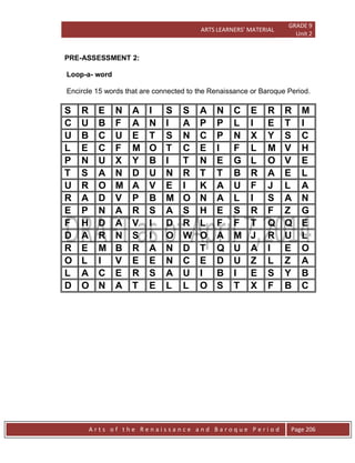 ARTS LEARNERS’ MATERIAL
GRADE 9
Unit 2
A r t s o f t h e R e n a i s s a n c e a n d B a r o q u e P e r i o d Page 206
PRE-ASSESSMENT 2:
Loop-a- word
Encircle 15 words that are connected to the Renaissance or Baroque Period.
S R E N A I S S A N C E R R M
C U B F A N I A P P L I E T I
U B C U E T S N C P N X Y S C
L E C F M O T C E I F L M V H
P N U X Y B I T N E G L O V E
T S A N D U N R T T B R A E L
U R O M A V E I K A U F J L A
R A D V P B M O N A L I S A N
E P N A R S A S H E S R F Z G
F H D A V I D R L F F T Q Q E
D A R N S I O W O A M J R U L
R E M B R A N D T Q U A I E O
O L I V E E N C E D U Z L Z A
L A C E R S A U I B I E S Y B
D O N A T E L L O S T X F B C
 