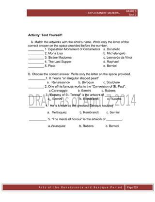 ARTS LEARNERS’ MATERIAL
GRADE 9
Unit 2
A r t s o f t h e R e n a i s s a n c e a n d B a r o q u e P e r i o d Page 219
Activity: Test Yourself!
A. Match the artworks with the artist’s name. Write only the letter of the
correct answer on the space provided before the number.
_________ 1 Equestrian Monument of Gattamelata a. Donatello
_________ 2. Mona Lisa b. Michelangelo
_________ 3. Sistine Madonna c. Leonardo da Vinci
_________ 4. The Last Supper d. Raphael
_________ 5. Pieta e. Bernini
B. Choose the correct answer. Write only the letter on the space provided.
__________1. It means “an irregular shaped pearl”
a. Renaissance b. Baroque c. Sculpture
_________ 2. One of his famous works is the “Conversion of St. Paul”.
a.Caravaggio b. Bernini c. Rubens
________ 3. “Ecstasy of St. Teresa” is the artwork of ___________.
a. Bernini b. Rembrandt c. Rubens
_________ 4. He is known as the greatest Baroque sculptor
a. Velasquez b. Rembrandt c. Bernini
__________ 5. “The maids of honour” is the artwork of _________.
a.Velasquez b. Rubens c. Bernini
 