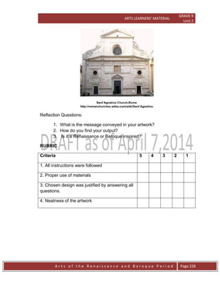 ARTS LEARNERS’ MATERIAL
GRADE 9
Unit 2
A r t s o f t h e R e n a i s s a n c e a n d B a r o q u e P e r i o d Page 228
Sant’Agostino Church,Rome
http://romanchurches.wikia.com/wiki/Sant’Agostino
Reflection Questions:
1. What is the message conveyed in your artwork?
2. How do you find your output?
3. Is it a Renaissance or Baroque inspired?
RUBRIC
Criteria 5 4 3 2 1
1. All instructions were followed
2. Proper use of materials
3. Chosen design was justified by answering all
questions.
4. Neatness of the artwork
 