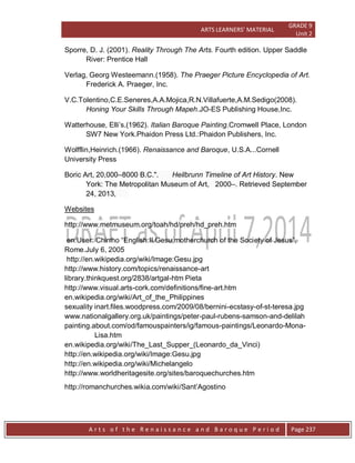ARTS LEARNERS’ MATERIAL
GRADE 9
Unit 2
A r t s o f t h e R e n a i s s a n c e a n d B a r o q u e P e r i o d Page 237
Sporre, D. J. (2001). Reality Through The Arts. Fourth edition. Upper Saddle
River: Prentice Hall
Verlag, Georg Westeemann.(1958). The Praeger Picture Encyclopedia of Art.
Frederick A. Praeger, Inc.
V.C.Tolentino,C.E.Seneres,A.A.Mojica,R.N.Villafuerte,A.M.Sedigo(2008).
Honing Your Skills Through Mapeh.JO-ES Publishing House,Inc.
Watterhouse, Elli’s.(1962). Italian Baroque Painting.Cromwell Place, London
SW7 New York.Phaidon Press Ltd.:Phaidon Publishers, Inc.
Wolfflin,Heinrich.(1966). Renaissance and Baroque, U.S.A...Cornell
University Press
Boric Art, 20,000–8000 B.C.". Heilbrunn Timeline of Art History. New
York: The Metropolitan Museum of Art, 2000–. Retrieved September
24, 2013,
Websites
http://www.metmuseum.org/toah/hd/preh/hd_preh.htm
en:User: Chirrho “English:II.Gesu,motherchurch of the Society of Jesus”,
Rome.July 6, 2005
http://en.wikipedia.org/wiki/Image:Gesu.jpg
http://www.history.com/topics/renaissance-art
library.thinkquest.org/2838/artgal-htm Pieta
http://www.visual.arts-cork.com/definitions/fine-art.htm
en.wikipedia.org/wiki/Art_of_the_Philippines
sexuality inart.files.woodpress.com/2009/08/bernini-ecstasy-of-st-teresa.jpg
www.nationalgallery.org.uk/paintings/peter-paul-rubens-samson-and-delilah
painting.about.com/od/famouspainters/ig/famous-paintings/Leonardo-Mona-
Lisa.htm
en.wikipedia.org/wiki/The_Last_Supper_(Leonardo_da_Vinci)
http://en.wikipedia.org/wiki/Image:Gesu.jpg
http://en.wikipedia.org/wiki/Michelangelo
http://www.worldheritagesite.org/sites/baroquechurches.htm
http://romanchurches.wikia.com/wiki/Sant’Agostino
 