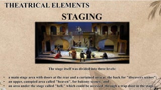 THEATRICAL ELEMENTS
STAGING
The stage itself was divided into three levels:
• a main stage area with doors at the rear and a curtained area at the back for "discovery scenes";
• an upper, canopied area called "heaven", for balcony scenes; and
• an area under the stage called "hell," which could be accessed through a trap door in the stage.
 