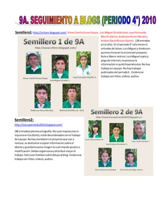 Semillero1:http://infonn.blogspot.com/ JhoanCamiloEusse Duque ,LuisMiguel GiraldoSoto,JuanFernando
MurilloGarcia, AndersonPerezMorales,
AndresDavidRinconGomez. (28 entradas
enel año) En el periodo4° solotienen3
entradasde Johan,LuisMiguel y Anderson
quieneshicieronlomismodel proyecto:
Ruta y Marco teórico.LuisMiguel copioy
pegode Internet;noprocesola
informaciónni quitóhipervínculos.Nohay
trabajoen equipo. Nohaytrabajos
publicadosdel periodo3. .Evidenciar
trabajocon fotos,videos,audios.
Semillero2:
http://lossupernerds2010.blogspot.com/
(88 entradas) pésimaortografía. Nousanmayúsculasni
siquieraenlostítulos;estándesordenadosconel trabajo
de equipo.Nohayclaridadenel proyectoque van a
realizar;se dedicaronacopiar informaciónsobre el
aborto y guardarlacomo imagenlocual impide ajusteso
modificación. Debenorganizarseydistribuirmejorel
trabajo.SoloJuanEstebansubiódibujoal blog. Evidenciar
trabajocon fotos,videos,audios.
 