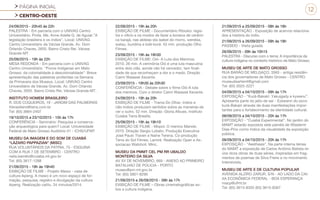 PÁGINA INICIAL
CENTRO-OESTE
12
24/09/2015 - 20h45 às 22h
PALESTRA - Em parceria com o UNIVAG Centro
Universitário. Profa. Me. Anne Adelle G. de Aguiar.”A
legislação brasileira e os índios”. Local: UNIVAG
Centro Universitário de Várzea Grande. Av. Dom
Orlando Chaves, 2655. Bairro Cristo Rei. Várzea
Grande-MT.
25/09/2015 - 19h às 22h
MESA REDONDA - Em parceria com o UNIVAG
Centro Universitário. “Povos Indígenas em Mato
Grosso: da colonialidade à descolonialidade”. Breve
apresentação das palestras proferidas na Semana
da Primavera dos Museus. Local: UNIVAG Centro
Universitário de Várzea Grande. Av. Dom Orlando
Chaves, 2655. Bairro Cristo Rei. Várzea Grande-MT.
INSTITUTO HOMEM BRASILEIRO
R. DOS COQUEIROS, 19 - JARDIM DAS PALMEIRAS
ihbrasileiro@terra.com.br
Tel: (65) 3664-2407
19/10/2015 a 23/10/2015 - 10h às 17h
CONFERÊNCIA - Seminário: Pesquisa e conserva-
ção arqueológica para quem? Local: Universidade
Federal de Mato Grosso Auditório 01 - ICHS/UFMT
MUSEU DA IMAGEM E DO SOM DE CUIABÁ
“LÁZARO PAPPAZIAN” (MISC)
RUA VOLUNTÁRIOS DA PÁTRIA, 75 - ESQUINA
COM A RUA 7 DE SETEMBRO - CENTRO
neila.barreto@cuiaba.mt.gov.br
Tel: (65) 3617-1288
21/09/2015 - 19h às 19h40
EXIBIÇÃO DE FILME - Projeto Mawo - casa de
cultura ikpeng. A mawo é um novo espaço de for-
mação, pesquisa, registro e divulgação da cultura
ikpeng. Realização catitu. 34 minutos/2014.
22/09/2015 - 19h às 20h
EXIBIÇÃO DE FILME - Documentário Ritxoko: regis-
tra o ofício e os modos de fazer a boneca de cerâmi-
ca karajá, nas aldeias sta isabel do morro, werebia,
watau, buridina e bdé-buré. 43 min. produção Olho
Filmes.
23/09/2015 - 19h às 19h30
EXIBIÇÃO DE FILME: Oió- A Luta dos Meninos.
2010. 26 min. A cerimônia Oió é uma luta masculina
entre dois clãs, aonde não há vencedor, tem finali-
dade de que reconheçam a dor e o medo. Direção
Caimi Waiassé Xavante.
23/09/2015 - 19h30 às 20h30
CONFERÊNCIA - Debate sobre o filme Oió-A luta
dos meninos. Com o diretor Caimi Waiassé Xavante.
24/09/2015 - 19h às 20h
EXIBIÇÃO DE FILME - Trama Do Olhar, índios e
não-índios produzem sentidos sobre as maneiras de
ver o outro. 52 min. Direção: Gloria Albues. Instituto
Cuiabá Terra Brasilis.
25/09/2015 - 19h às 19h10
EXIBIÇÃO DE FILME - Mopoi: O menino Manoki.
2010. Direção Sergio Lobato. Produção Executiva
José Paulo Traven e Naine Terena. Co-produção
Terra do Sol Filmes, Lamiré. Realização Opan e As-
sociacao Watoholi. Minc.
MUSEU DA PMMT CEL PM RR UBALDO
MONTEIRO DA SILVA
AV XV DE NOVEMBRO, 669 - ANEXO AO PRIMEIRO
BATALHAO DE POLICIA - PORTO
museu@pm.mt.gov.br
Tel: (65) 3901-8290
21/09/2015 e 26/09/2015 - 09h às 17h
EXIBIÇÃO DE FILME – Obras cinematográficas so-
bre a cultura indígena.
21/09/2015 a 25/09/2015 - 08h às 18h
APRESENTAÇÃO - Exposição de acervos relaciona-
dos a história do índio.
21/09/2015 a 26/09/2015 - 09h às 18h
PASSEIO - Visita guiada
26/09/2015 - 09h às 10h15
PALESTRA - Discurso com o tema: A importância da
cultura indígena no contexto histórico de Mato Grosso.
MUSEU DE ARTE DE MATO GROSSO
RUA BARÃO DE MELGAÇO, 3565 - antiga residên-
cia dos governadores de Mato Grosso - CENTRO
museudeartemt@gmail.com
Tel: (65) 3025-3221
04/09/2015 a 04/10/2015 - 09h às 17h
EXPOSIÇÃO - “Kurâ-Bakairi: Yakuigady e kywenu”.
Apresenta parte do jeito de ser - Ezewenri do povo
kurâ-Bakairi através de duas manifestações impor-
tantes para o fortalecimento da identidade cultural.
09/09/2015 a 04/10/2015 - 20h às 17h
EXPOSIÇÃO - “Cuiabá Experimental”. No jardim do
MAMT estarão expostos sete painéis de Wlademir
Dias-Pino como índice da visualidade da exposição
pública.
09/09/2015 a 04/10/2015 - 20h às 17h
EXPOSIÇÃO - “Aesthesis”. Na parte interna térrea
do MAMT a exposição de Carlos Antônio Batista re-
úne doze obras de duas séries, inspiradas em frag-
mentos de poemas de Silva Freire e no movimento
Intensivista.
MUSEU DE ARTE E DE CULTURA POPULAR
AVENIDA ALZIRO ZARUR, S/N - AO LADO DA CAI-
XA ECONÔMICA FEDERAL - BOA ESPERANÇA
macp@ufmt.br
Tel: (65) 3615-8355 (65) 3615-8367
 