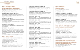 PÁGINA INICIAL
SUDESTE
89
MG - RESSAQUINHA
MUSEU MUNICIPAL DE RESSAQUINHA
Rua Padre Geraldo Magela Pereira, 02 - Centro
cultura@ressaquinha.mg.gov.br
Tel: (32) 3341-1259 (32) 3341-1441
06/09/2015 a 03/10/2015 - 08h às 17h
EXPOSIÇÃO - Fotos da comunidade Quilombola
“Santo Antonio do Morro Grande”. Mostrando suas
origens remanescentes.
21/09/2015 - 09h às 17h
VISITA GUIADA - Patrimônios Culturais com relevân-
cia histórica Municipal.
Local: Serão visitados os bens tombados e registra-
dos pelo Município.
26/09/2015 - 19h30 às 22h
LANÇAMENTO - Cartilha sobre o Patrimônio Cultu-
ral Municipal
27/09/2015 - 20h às 21h30
ESPETÁCULO TEATRAL - Apresentação dirigida
por Fábio Sena, com os membros da comunidade
Quilombola, no Centro Cultural. Para trazer um pou-
co da cultura regional para os munícipes Ressaqui-
nhenses.
Local: Centro Cultural Municipal de Ressaquinha.
MG - RIO CASCA
ARCA - ASSOCIACAO AMIGOS DE RIO CASCA
Praça Dr. João Camilo, 20 - Centro
michelcarelli@yahoo.com.br
Tel: (31) 9664-0411 (31) 3871-1162
21/09/2015 - 09h às 17h
CONCURSO: Inscrições para o 1º Concurso Foto-
gráfico para crianças e adolescentes com o tema:
Primavera, Prêmios aos vencedores no dia 25.
21/09/2015 a 25/09/2015 - 09h às 16h
VISITA GUIADA – O indígena em nosso município,
com apresentação de fotos, peças e contação de
histórias sobre os índios em nosso município.
21/09/2015 a 25/09/2015 - 08h às 17h
VISITAÇÃO - O Museu estará aberto à estudantes e
populares para o visitarem e conhecerem as peças,
fotos e documentos do acervo.
22/09/2015 - 10h às 11h30
APRESENTAÇÃO - A Tia Cláudia apresentará aos
alunos uma contação de histórias e lendas indígenas.
22/09/2015 - 15h às 16h30
APRESENTAÇÃO - A Tia Cláudia apresentará aos
alunos uma contação de histórias e lendas indígenas.
23/09/2015 - 10h às 11h30
APRESENTAÇÃO - Apresentação da Peça infantil –
A Lenda do Dia e da Noite
23/09/2015 - 15h às 16h30
APRESENTAÇÃO - Apresentação da Peça infantil –
A Lenda do Dia e da Noite
24/09/2015 - 10h às 11h30
APRESENTAÇÃO - A Tia Cláudia apresentará aos
alunos uma contação de histórias e lendas indígenas.
24/09/2015 - 15h às 16h30
APRESENTAÇÃO - A Tia Cláudia apresentará aos
alunos uma contação de histórias e lendas indígenas.
25/09/2015 - 18h30 às 19h30
APRESENTAÇÃO - A Tia Cláudia apresentará aos
alunos uma contação de histórias e lendas indígenas.
25/09/2015 - 19h30 às 20h30
CONCURSO - Entrega das premiações
25/09/2015 - 20h30 às 21h
ENCERRAMENTO - 9ª Primavera dos Museus em
Rio Casca
MG - SABARÁ
MUSEU DO OURO
Rua da Intendência, s/n - Centro
mdo@museus.gov.br
Tel: (31) 3671-1848
22/09/2015 a 25/09/2015 - 14h às 16h
AÇÃO EDUCATIVA - Contação de histórias e lendas
indígenas com o objetivo de divulgar e despertar a
curiosidade e o interesse da comunidade a repeito
da cultura dos povos indígenas.
26/09/2015 - 14h às 17h
MESA REDONDA - Museu do Ouro, acadêmicos
convidados e o público com o intuito de promover
uma reflexão sobre a representação identitária dos
povos indígenas.
MG - SANTA RITA DO SAPUCAÍ
MUSEU HISTÓRICO DELFIM MOREIRA
Praça Delfim Moreira, 42 - Centro
museu_dmoreira@hotmail.com
Tel: (35) 3473-1071 (35) 3471-1642
22/09/2015 a 24/09/2015 - 13h às 09h
AÇÃO - Pesando na importância do museu como
gerador de conhecimentos foram convidadas es-
colas e comunidades a participar das ações desen-
volvidas pelo museu possibilitando reflexão sobre o
tema proposto.
MG - SANTANA DOS MONTES
MUSEU LATINO-AMERICANO DE TECNOLOGIA
RURAL DE SANTANA DOS MONTES
Rua José Teixeira De Araújo, 40 - Casa - Centro
adesantanadosmontes@gmail.com
Tel: (31) 3726-1314
 