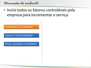 Dimensões do ambiente
 Inclui todos os fatores controláveis pela
  empresa para incrementar o serviço

Condições do ambiente


Layout e funcionalidade


Sinais, símbolos e artefatos
 