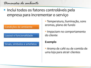 Dimensões do ambiente
 Inclui todos os fatores controláveis pela
  empresa para incrementar o serviço
                                Temperatura, iluminação, sons
                               aromas, plano de fundo
Condições do ambiente
                                Impactam no comportamento
Layout e funcionalidade        do cliente

                               Exemplo
Sinais, símbolos e artefatos
                                Aroma de café ou de comida de
                               uma loja para atrair clientes
 
