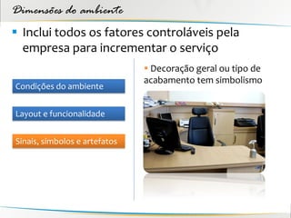 Dimensões do ambiente
 Inclui todos os fatores controláveis pela
  empresa para incrementar o serviço
                                Decoração geral ou tipo de
                               acabamento tem simbolismo
Condições do ambiente


Layout e funcionalidade


Sinais, símbolos e artefatos
 