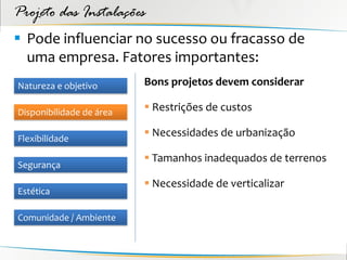 Projeto das Instalações
 Pode influenciar no sucesso ou fracasso de
  uma empresa. Fatores importantes:
Natureza e objetivo       Bons projetos devem considerar

Disponibilidade de área    Restrições de custos

Flexibilidade
                           Necessidades de urbanização

                           Tamanhos inadequados de terrenos
Segurança
                           Necessidade de verticalizar
Estética

Comunidade / Ambiente
 