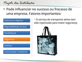 Projeto das Instalações
 Pode influenciar no sucesso ou fracasso de
  uma empresa. Fatores importantes:
Natureza e objetivo        O serviço de transporte aéreo tem
                          sido repensado para maior segurança
Disponibilidade de área

Flexibilidade

Segurança

Estética

Comunidade / Ambiente
 