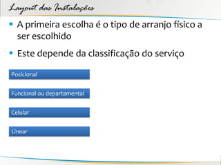 Layout das Instalações
 A primeira escolha é o tipo de arranjo físico a
  ser escolhido
 Este depende da classificação do serviço

Posicional


Funcional ou departamental


Celular


Linear
 