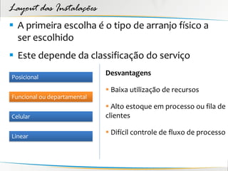 Layout das Instalações
 A primeira escolha é o tipo de arranjo físico a
  ser escolhido
 Este depende da classificação do serviço
                             Desvantagens
Posicional

                              Baixa utilização de recursos
Funcional ou departamental
                              Alto estoque em processo ou fila de
Celular                      clientes

Linear
                              Difícil controle de fluxo de processo
 