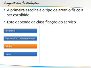 Layout das Instalações
 A primeira escolha é o tipo de arranjo físico a
  ser escolhido
 Este depende da classificação do serviço

Posicional


Funcional ou departamental


Celular


Linear
 