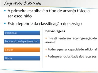 Layout das Instalações
 A primeira escolha é o tipo de arranjo físico a
  ser escolhido
 Este depende da classificação do serviço
                             Desvantagens
Posicional

                              Investimento em reconfiguração do
Funcional ou departamental   arranjo

Celular                       Pode requerer capacidade adicional

Linear
                              Pode gerar ociosidade dos recursos
 