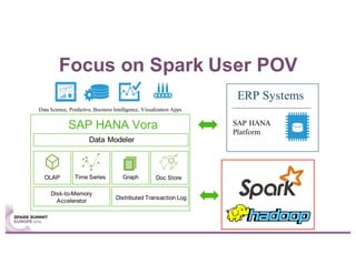 Focus on Spark User POV
Data Science, Predictive, Business Intelligence, Visualization Apps
SAP HANA Vora
Data Modeler
OLAP Time Series Graph Doc Store
Disk-to-Memory
Accelerator
Distributed Transaction Log
ERP Systems
SAP HANA
Platform
 