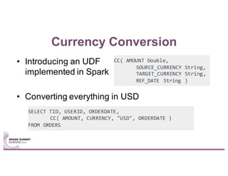 Currency Conversion
• Introducing an UDF
implemented in Spark
• Converting everything in USD
CC( AMOUNT Double,
SOURCE_CURRENCY String,
TARGET_CURRENCY String,
REF_DATE String )
SELECT TID, USERID, ORDERDATE,
CC( AMOUNT, CURRENCY, "USD", ORDERDATE )
FROM ORDERS
 