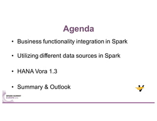 Agenda
• Business functionality integration in Spark
• Utilizing different data sources in Spark
• HANA Vora 1.3
• Summary & Outlook
 