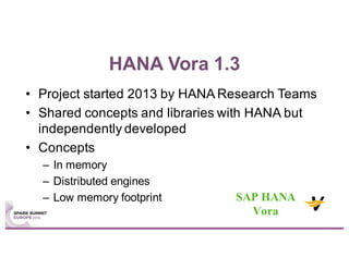HANA Vora 1.3
• Project started 2013 by HANA Research Teams
• Shared concepts and libraries with HANA but
independently developed
• Concepts
– In memory
– Distributed engines
– Low memory footprint SAP HANA
Vora
 
