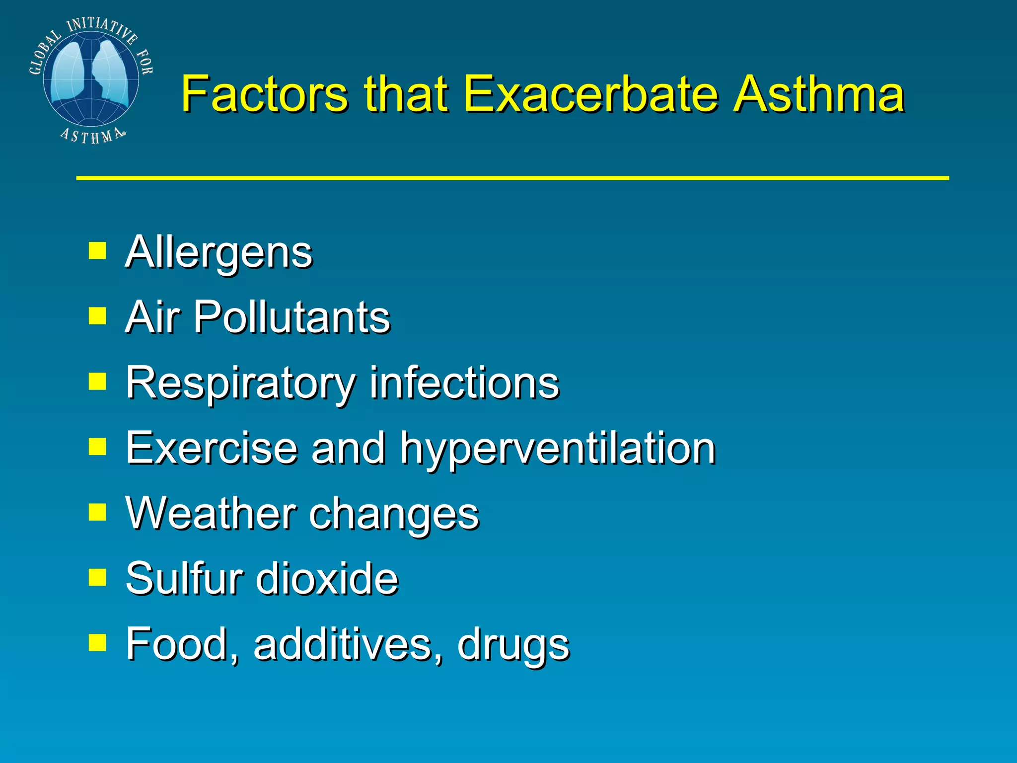 Factors that Exacerbate Asthma Allergens Air Pollutants Respiratory infections Exercise and hyperventilation Weather changes Sulfur dioxide Food, additives, drugs 