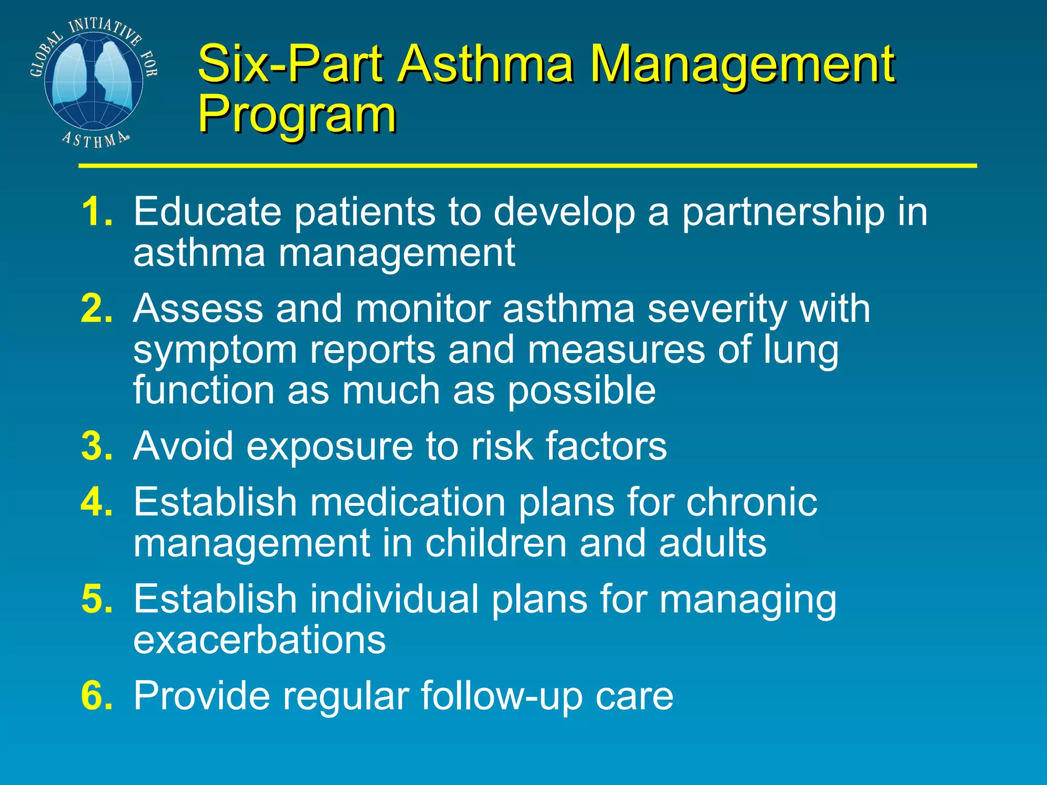 Six-Part Asthma Management Program 1. Educate patients to develop a partnership in asthma management 2. Assess and monitor asthma severity with symptom reports and measures of lung function as much as possible 3. Avoid exposure to risk factors 4. Establish medication plans for chronic management in children and adults 5. Establish individual plans for managing exacerbations 6. Provide regular follow-up care 
