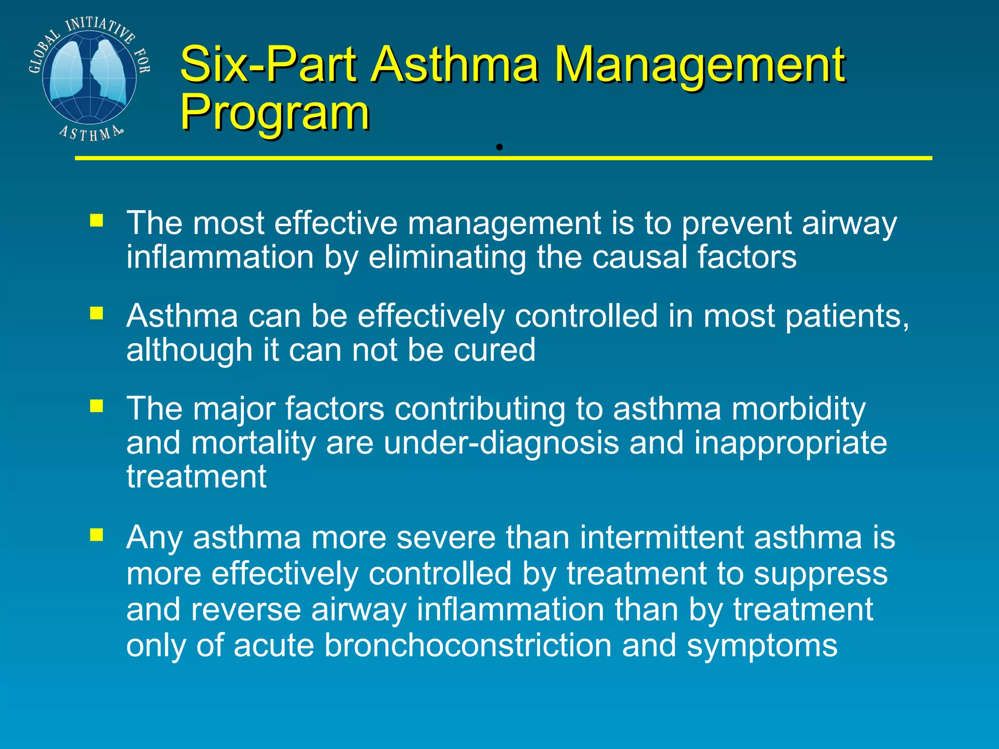 . Six-Part Asthma Management Program The most effective management is to prevent airway inflammation by eliminating the causal factors Asthma can be effectively controlled in most patients, although it can not be cured The major factors contributing to asthma morbidity and mortality are under-diagnosis and inappropriate treatment Any asthma more severe than intermittent asthma is more effectively controlled by treatment to suppress and reverse airway inflammation than by treatment only of acute bronchoconstriction and symptoms 