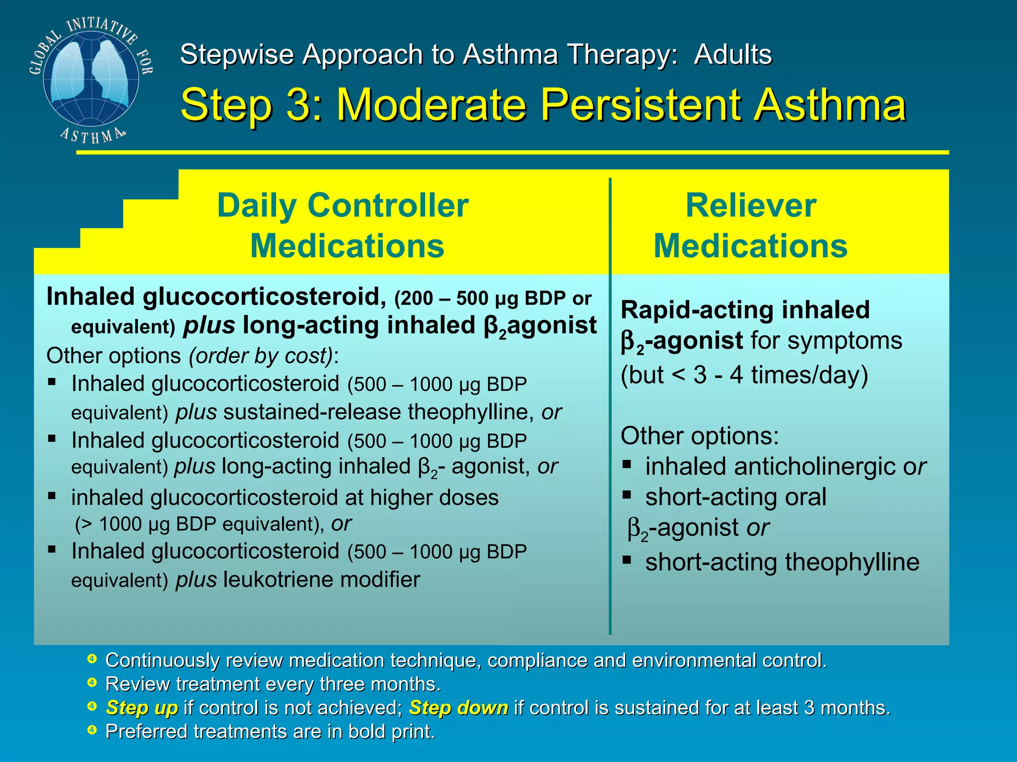 Inhaled glucocorticosteroid,  (200 – 500 μg BDP or equivalent)   plus  long-acting inhaled β 2 agonist Other options  (order by cost) : Inhaled glucocorticosteroid   (500 – 1000 μg BDP equivalent)   plus  sustained-release theophylline,  or Inhaled glucocorticosteroid   (500 – 1000 μg BDP  equivalent)  plus  long-acting inhaled β 2 - agonist,  or inhaled glucocorticosteroid at higher doses   (> 1000 μg BDP equivalent),  or Inhaled glucocorticosteroid   (500 – 1000 μg BDP  equivalent)   plus  leukotriene modifier Rapid-acting   inhaled   2 -agonist  for symptoms  (but < 3 - 4 times/day) Other options:  inhaled anticholinergic o r short-acting oral   2 -agonist  or short-acting theophylline  Continuously review medication technique, compliance and environmental control. Review treatment every three months. Step up  if control is not achieved;  Step down  if control is sustained for at least 3 months. Preferred treatments are in bold print. Stepwise Approach to Asthma Therapy:  Adults Step 3: Moderate Persistent Asthma Daily Controller  Medications Reliever Medications 