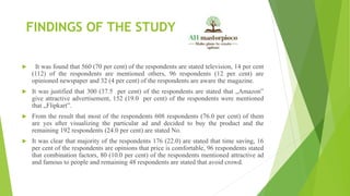 FINDINGS OF THE STUDY
 It was found that 560 (70 per cent) of the respondents are stated television, 14 per cent
(112) of the respondents are mentioned others, 96 respondents (12 per cent) are
opinioned newspaper and 32 (4 per cent) of the respondents are aware the magazine.
 It was justified that 300 (37.5 per cent) of the respondents are stated that „Amazon‟
give attractive advertisement, 152 (19.0 per cent) of the respondents were mentioned
that „Flipkart‟.
 From the result that most of the respondents 608 respondents (76.0 per cent) of them
are yes after visualizing the particular ad and decided to buy the product and the
remaining 192 respondents (24.0 per cent) are stated No.
 It was clear that majority of the respondents 176 (22.0) are stated that time saving, 16
per cent of the respondents are opinions that price is comfortable, 96 respondents stated
that combination factors, 80 (10.0 per cent) of the respondents mentioned attractive ad
and famous to people and remaining 48 respondents are stated that avoid crowd.
 