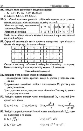 104 Тренувальні вправи
188. Знайдіть міри центральної тенденції вибірки:
1)5, 11, 14, 14, 17, 17, 19, 26,29,38;
2) 3,1; 3,4; 4,2; 4,7; 4,9; 5,3; 6,1.
189. У таблиці наведено розподіл робітників одного цеху деякого
заводу за кількістю виготовлених за зміну деталей:______________
Кількість деталей, виготовлених
кожним робітником
8 9 10 11 12 13 14 15 16
Кількість робітників 5 2 6 6 8 9 6 4 4
Знайдіть відносну частоту кожного значення і міри центральної
тенденції вибірки.
190. Серед 40 мешканців міста провели опитування про кількість
кімнат в їх квартирах і склали таблицю:______________
2 3 2 4 3 2 1 3
3 1 1 3 2 2 3 2
1 2 4 2 3 1 2 3
3 1 2 3 2 4 3 1
1 2 2 3 3 2 1 4
Складіть частотну таблицю і побудуйте відповідну гістограму.
Визначте частоту і відносну частоту кожного її значення.
Числові послідовності
191. Запишіть п ’ять перших членів послідовності:
1) двоцифрових чисел, кратних числу 9, узятих у порядку спа­
дання;
2) правильних звичайних дробів з чисельником 19, узятих у по­
рядку спадання;
3) натуральних чисел, що дають при діленні на 7 остачу 4, узятих
у порядку зростання.
192. Знайдіть чотири перших члени послідовності ( а„ ), заданої фор­
мулою и-го члена:
1) ап “ 5 - й ; 2) = Зя + 1; 3) а л = ^ - І І ; 4) а„ = ■■- 5 - -
п (я + ІГ
193. Знайдіть другий, восьмий і сотий члени послідовності (Ь„), зада­
ної формулою я-го члена:
1) + 3) Ь„ = я2 + 2 я;
2) Ь„ = 0,8-0,3«; 4) Ьп = (-1 )”-1 + (-1)',+І.
 