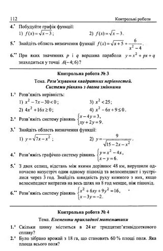 112 Контрольні роботи
4,* Побудуйте графік функції:
1) Г(х) = л[х —3', 2) /(х ) = >/ж —3.
5 / Знайдіть область визначення функції / (х) - л/х + 5 + ^
х2 - 4
6,'* При яких значеннях р і д вершина параболи у = х 2 + рх + ц
знаходиться у точці А (- 4; 6) ?
Контрольна робота № З
Тема. Розв’язування квадратних нерівностей.
Системи рівнянь з двома змінними
1.° Розв’яжіть нерівність:
1) х 2 - 7 х - 3 0 < 0 ; 3) х 2 <25;
2) 4х2 + 16х> 0; 4) х 2 - 6х + 9 < 0.
2.° Розв’яжіть систему рівнянь
 х - 4 у = 3,
[ху + 2у = 9.
З / Знайдіть область визначення функції:
1) у = л І 1 х - х 2 ; 2) у
л/ і 5 —2х —х 2"
[ — -2 —4
4.* Розв’яжіть графічно систему рівнянь  х х ’
[х->> = 6 .
5.“ З двох селищ, відстань між якими дорівнює 48 км, вирушили од­
ночасно назустріч один одному пішохід та велосипедист і зустрі­
лися через 3 год. Знайдіть швидкість руху кожного з них, якщо
велосипедист витратив на весь шлях на 8 год менше, ніж пішохід.
6." Розв’яжіть систему рівнянь | х + бху + 9у -1 6 ,
Іх -З у = -2 .
Контрольна робота № 4
Тема. Елементи прикладноїматематики
1.° Скільки цинку міститься в 24 кг тридцятип’ятивідсоткового
сплаву?
2 ° Було зібрано врожай з 18 га, що становить 60 % площі поля. Яка
площа всього поля?
 