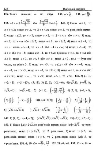 124 Відповіді і вказівки
129. Таких значень т не існує. 130. а > ^ . 131
132. -  < а < - — або < а <^ . 140. 1) Якщо а< 2, то
а < х < 2 ; якщо а> 2 , то 2 < х < а  якщо а = 2 , то розв’язків немає;
2) якщо а < 2 , то * > 2 ; якщо а > 2 , то 2 < л : < а або х > а  3) якщо
а < 2, то х = а або * > 2 ; якщо а >2, то х > 2 ; 4) якщо а < - 4 , то
* < а ; якщо а > - 4 , то л < - 4 або - 4 < х < а ; 5) якщо а < - 4 ; то
х < а або х - - 4 ; якщо а > - 4 , то х < а; 6) якщо а < 3, то .ї < а або
х > 3; якщо « > 3 , то .V< 3 або х > а ; якщо а = 3, то л — будь-яке
число, не рівне 3; 7 )якщо а < - 3, то а < х < - 3 або дг>-3; якщо
а = - 3, то * > - 3 ; якщо а > - 3 , то х > а ; 8) якщо а < 1 , то х < а або
а < х < 1; якщо а = 1, то х < 1; якщо а > 1, то х < 1. 147.2) (3; 3);
(-3 ;-3 ); (—5; —13); (5; 13); 3) (2, 6); ( - 2 ,-6 ); 4)(л/3;»; (-л/З; 1);
(л/З;-1 ); (-■Уз;-1 ); 5) (-1;8); 6) (2; 1); (-2 ;-1 );
( 5;т ) ; ( - 5 ; г ) ' 1 « -4 5 (1 2 : 3); ( & ; - # ) 5 ) ( § ; ^ ) ;
6) (л/23;3л/23); ( - 7 2 3 ;- 3 л/23);
149.1) (4; 2); ( - 4 ;- 2 ) ; (-5л/2; Л ) ; (5^2; - Л ) ; 2)(-2; 1); (2; -1).
150.1) Якщо | а |> 2л/2,то розв’язків немає; якщо | а |= 2л/2, то один
розв’язок; якщо | а | < 2л/2 , то 2 розв’язки; 2) якщо |о |< 5 , то
розв’язків немає; якщо | я | = 5 , то 2 розв’язки; якщо | а |> 5 , то
4 розв’язки. 151.4; 10 або ^ • 152. 24 або 48. 153. 15 см, 8 см.
 