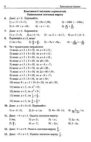 6 Тренувальні вправи
Властивості числових нерівностей.
Оцінювання значення виразу
6. Дано: а >Ь. Порівняйте:
1) а + 5 і />+ 5; 3) 1,9а і 1,9Ь; 5 )-1 0 0 6 і -100«;
2) />-10 і а - 1 0 ; 4 ) - а і - Ь ; ^ п ' П '
7. Дано: а <Ь. Порівняйте:
1 ) а - З і/> ; 2 )а і/> + 4 ; 3) - а + 1 і - Ь + ; 4) а + 5 і />-1.
8. Порівняйте а і 0, якщо:
1) 6а > 5а; 2 ) - |< - |; 3) - 7 а > - 9 а ;
9. Чи є правильним твердження:
1)якщ о а> 3 і * > 10, то а + />>13;
2) якщо а > З і і > 10, то а + Ь> 1 2 ;
3)якщо а > 3 і />>10, то а + Ь> 14;
4) якщо а > 3 і />>10, то аЬ > 30 ;
5) якщо а> 3 і />>10, то а - Ь > - 7;
6) якщо а > 3 і Ь > 10, то аЬ > 28 ;
7 )якщо а > 3 і />>10, то 2а + 4/>>39;
8) якщо а > 3 і Ь < 10, то а —Ь > -7 ;
9) якщо а < 3 і /><10, то аЬ< ЗО;
10) якщо 0 < а < 3 і 0< Ь <10, то аЬ < ЗО;
11) якщо а > 3 , то 0 і > 9;
12) якщо а < 3, то а 1 < 9 ;
13) якщо а > 3 , то ^ < у ;
14)якщо а < 3, то ^ > у ?
10. Дано: а> 0 і /><0. Порівняйте:
1) а - Ь і 0; 2) Ь - а і а; 3) 4я-5/> і Ь; 4) ' а'
11. Дано: - 4 < а < 3. Оцініть значення виразу:
1) 4а; 3) а + 5 ; 5 ) - а ; 7) 2 а - 6 ;
2 ) | ; 4 ) о - 7 ; 6) - 2 а ; 8)5 - З а .
12. Дано: 3 < а < 9 . Оцініть значення виразу
13. Дано: -5 < а < 5. Оцініть значення виразу ^ .
 