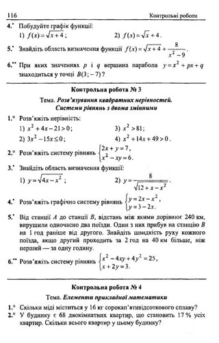 116 Контрольні роботи
4.’ Побудуйте графік функції:
1 ) /( * ) = 7 Ї 7 4 ; 2 ) /( .ї ) = л/7 + 4.
£
5.’ Знайдіть область визначення функції /( * ) = л[х + 4 + — ------.
х2 - 9
6.’* При яких значеннях р і q вершина параболи у = х 2 + рх + с/
знаходиться у точці В(3; - 7) ?
Контрольна робота № З
Тема. Розв’язування квадратних нерівностей.
Системи рівнянь з двома змінними
1.° Розв’яжіть нерівність:
1) х 1 + 4 х - 2 1 > 0 ; З ) * 2 >81;
2) Зх2 -1 5 х < 0 ; 4) х 2 + 14а + 49>0.
. „ _ , . . 2х + у = 7,
2 ° Розв яжіть систему рівнянь <{ ,
[х —ху = 6.
3." Знайдіть область визначення функції:
1) у = 44а--а-2 ; 2) у =
4.’ Розв’яжіть графічно систему рівнянь
л/і2 + х - х 2
у = 2 х - х “,
[у = 3 - 2 х .
5.' Від станції А до станції В, відстань між якими дорівнює 240 км,
вирушили одночасно два поїзди. Один з них прибув на станцію В
на 1 год раніше від другого. Знайдіть швидкість руху кожного
поїзда, якщо другий проходить за 2 год на 40 км більше, ніж
перший — за одну годину.
( х 2 - 4 х у + 4 у 2 =25,
[х + 2у = 3.
6." Розв’яжіть систему рівнянь
Контрольна робота № 4
Тема. Елемент и прикладноїматематики
1.° Скільки міді міститься у 16 кг сорокап’ятивідсоткового сплаву?
2 ° У будинку є 68 двокімнатних квартир, що становить 17 % усіх
квартир. Скільки всього квартир у цьому будинку?
 