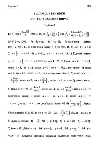 Варіант 1 119
ВІДПОВІДІ І ВКАЗІВКИ
ДО ТРЕНУВАЛЬНИХ ВПРАВ
Варіант 1
14 4) 08 < < 0 85 15 71 — < — 8) — —
> ,й 2 < и’63’ /} 21 9 ’ 23 0,7а-0,16 23 '
25.6) (-нм;-20]; 7)(13;+оо); 8)(-о о ;-6 ]; 9) розв’язків немає;
10) [-2; +со). 27. 3) Розв’язків немає; 4) (-оо; +*). 28.4) х > -5 і х * 3;
5) х < 1 і х ф - 2  6) х > - 1 2 , х * 1 і х * - 1 . 29. 1) Коренів немає;
2 ) - 1 ; - 2 ^ . 31.3) о >2,2; 4) а * 4. 35.3)Я кш о а> 3, то х < 1 ;
якшо а < 3, то х > 1 ; якщо а = 3, то х — будь-яке число; 4) якщо
аФ 3, то х > 0 ; я к щ о о = 3, т о х — будь-яке число; 5) якщо я>1 , то
. 2 - а 2 - а . с
х < — у ; якщо а < 1, то х > ; якщо а - І , то х — будь-яке число;
г л 4# + 8 . 4а + 8 .
6) якщо а <4, то х > ■ якщо а > 4, то х < —— ; якщо а = 4, то
розв’язків немає; 7) якщо а > - 1 , то х > о - 1 ; якщо а < - 1 , то
х < а - 1 ; якщо а - -  , то розв’язків немає. 46.4) ; 5) роз­
в’язків немає; 6) 1. 53. 4) х є (-оо; 0) и (0; 1) І) ^1; . 57. 2) -1 < х < 3;
3 )коренів немає; 4) - у . 58.3) [—1; 1]; 4) (-со; + со); 5) (—оо; 1];
6) (-о о ;-19) 11(0,6;+ оо). 96. р = - 2 , <у= -3. 98. у =  х 2. 99. у =
~ 2 х 2 - 5 . Вказівка. Шукана парабола задається формулою виду
 