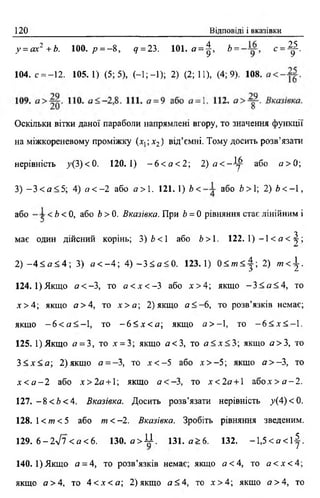 120 Відповіді і вказівки
у = ах2 + Ь. 100. р = -%, q = 23. 101. а = | , * = с = Ц -.
104. с = —12. 105. 1) (5; 5), (—1;—1); 2) (2; 11), (4; 9). 108.
Оскільки вітки даної параболи напрямлені вгору, то значення функції
на міжкореневому проміжку (х.; а-2) від’ємні. Тому досить розв’язати
3) - 3 < а <5; 4) а < -2 або а > 1. 121. 1) Ь < або 6 > 1; 2) Ь < -1 ,
1 2 4 .1)Якщо о < - 3, то а < х < - 3 або * > 4 ; якщо - 3 < о < 4 , то
* > 4 ; якщо а > 4, то х > а ; 2) якщо а < -6 , то розв’язків немає;
якщо - 6 < « < —1, то - 6 < х < а  якщо а > —1, то —6 < х < - 1 .
125. 1) Якщо я = 3, то х = 3; якщо а< 3, то а < х < 3; якщо я > 3 , то
З < х < а; 2) якщо а = -3, то х < -5 або а > -5 ; якщо а > -3, то
х < а - 2 або х > 2 я + 1; якщо а < - 3, то х < 2 а + 1 або* > а - 2.
127. - 8 < 6 < 4 . Вказівка. Досить розв’язати нерівність у(4)<0.
128. 1< от < 5 або т < -2 . Вказівка. Зробіть рівняння зведеним.
129. 6~2л/7 < а < 6 . 130. о > И . 131. я >6. 132. - 1 , 5 < о < і | .
1 4 0 .1) Якщо а = 4, то розв’язків немає; якщо а< 4, то а < х < 4;
якщо а >4, то 4 < х <а ; 2) якщо а <4, то х > 4 ; якщо о > 4, то
нерівність у(3)<0, 120.1) - 6 <а< 2; 2) а < - Щ а^о я > 0 ;
або < Ь < 0, або Ь > 0. Вказівка. При Ь = 0 рівняння стає лінійним і
має один дійсний корінь; 3 ) 6 < 1 або Ь>. 122. 1) —1 < а < ^ ;
2) - 4 < а <4; 3) а < - 4 ; 4) - 3 < а < 0. 123.1) 0 < о т < | ; 2) т < ^ .
 