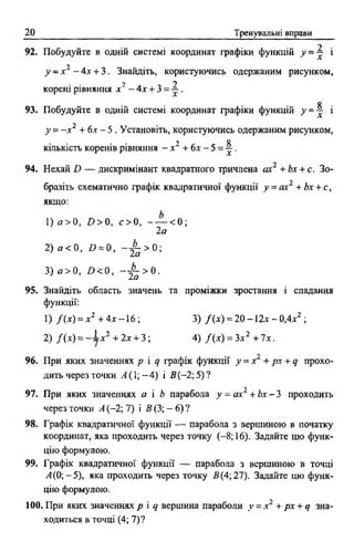 20 Тренувальні вправи
92. Побудуйте в одній системі координат графіки функцій У ~  і
у —х 2 —4х + 3. Знайдіть, користуючись одержаним рисунком,
2 У
корені рівняння х - 4х + 3 = •
О
93. Побудуйте в одній системі координат графіки функцій у = ^ і
у = -.ї2 + б.г - 5 . Установіть, користуючись одержаним рисунком,
кількість коренів рівняння - х 2 + 6х - 5 = ^ .
94. Нехай £> — дискримінант квадратного тричлена ах + Ьх + с. Зо­
бразіть схематично графік квадратичної функції у = ах1 + Ьх + с,
якщо:
1) а > 0 , / ) > 0 , с > 0 , - — < 0 ;
2 а
2) а <0, 0 = 0, - ^ > 0 ;
3) а> 0 , £><0 , - ^ > 0 .
95. Знайдіть область значень та проміжки зростання і спадання
функції:
1) /(х ) = х2 + 4л: - 1 6 ; 3) /( * ) =20 - 12х - 0,4х2 ;
2) /( * ) = - і * 2 + 2х + 3; 4) /(х ) =Зх2 + ї х .
96. При яких значеннях р і д графік функції у = х + рх + д прохо­
дить через точки А (1; -4 ) і В (-2; 5) ?
97. При яких значеннях а і Ь парабола у = ах2 + Ьх - 3 проходить
через точки А (-2; 7) і В (3; - 6) ?
98. Графік квадратичної функції — парабола з вершиною в початку
коордиігат, яка проходить через точку ( - 8; 16). Задайте цю функ­
цію формулою.
99. Графік квадратичної функції — парабола з вершиною в точці
Л (0;-5), яка проходить через точку В (4; 27). Задайте цю функ­
цію формулою.
100. Ііри яких значеннях р і ц вершина параболи у = х 2 + рх + д зна­
ходиться в точці (4; 7)?
 