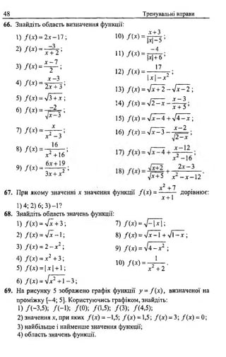 48 Тренувальні вправи
66. Знайдіть область визначення функції:
х+3
1) /( х ) = 2 х -1 7 ; Ю) / W = w _ 5 >
2 ) / w = T T 2 ; И )/(х) = 1_л
х - 7 W + 6 ’
3) / ( * ) = — у — ; . . . . . . 17
2 12) /( * ) = - 2 ;
X-З U - *
4) /( x ) = ^ _ L ; ' -------
2jc + 3 13) f { x ) = y[x + 2 ~ 4 x - 2 - ,
5 ) / ( х ) = л / з + 7 ; г -
-
х - 3
14) /( х ) - У І 2 - Х
6 ) /( * ) = - А ; ,_ ЯД 1 _
v* J 15) /(x ) = V x -4 + V 4 ^ x ;
х . /-г х - 2
7) /(•*) - ^2 _ з ’ 16) f ( x ) = y /x - 3 ,
щ т = 7 7 Г б ’
9) / м ' Ї Ї Т 7 ;
ІХ+Х Vx+5 х - х - 1 2
х2 +7
67. При якому значенні х значення функції / (х) = --------- дорівнює:
х + 1
1)4; 2) 6 ; 3) - 1?
68. Знайдіть область значень функції:
1) f{ x ) = 'Ix + 3 7) / ( х ) = Л/І И ;
2) / М = -/х -1 ; 8) Д х ^ л /Г ^ Ї + Т Ї ^ ;
3) Я * ) = 2 - х 2 ; 9) /( * ) = V 4 -x 2 ;
* г ї Т Г 2 |+Зі; 10) / ( * ) = - / - .
5) /( * ) = 1*1 + 1; х + 2
6) Д х ) = л / І Ч Ї - 3 ;
69. На рисунку 5 зображено графік функції у = / (х), визначеної на
проміжку [-4; 5]. Користуючись графіком, знайдіть:
1) /(-3 ,5 ); /(-1 ); /(0 ); /(1,5); /(3 ); /(4,5);
2) значення х, при яких / (х) = -1,5; / (х) = 1,5; /(х ) = 3; / (х) = 0;
3) найбільше і найменше значення функції;
4) область значень функції.
 