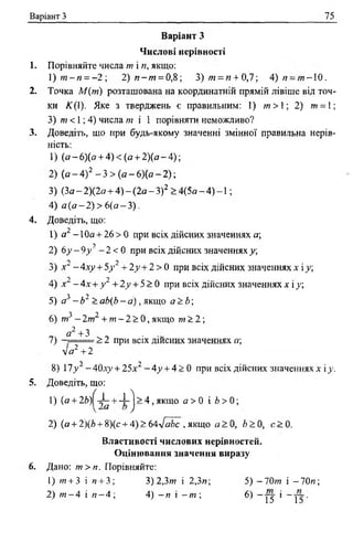 Варіант З 75
Варіант З
Числові нерівності
1. Порівняйте числа т і п, якщо:
1 ) / я - я = - 2 ; 2) и - « = 0,8; 3 ) / я = и + 0,7; 4) п ~ т -  0 .
2. Точка М(т) розташована на координатній прямій лівіше від точ­
ки £(1). Яке з тверджень є правильним: 1) /я > 1; 2) т = 1;
3) т < 1; 4) числа т і 1 порівняти неможливо?
3. Доведіть, що при будь-якому значенні змінної правильна нерів­
ність:
1) (а - 6)(а + 4) < (о + 2)(а - 4);
2) (о - 4) 2 - 3 > (а - 6)(а - 2);
3) (За - 2)(2а + 4) - (2а - З)2 > 4(5« - 4) - 1 ;
4) а ( а - 2 ) > 6(а —3) .
4. Доведіть, що:
1) а 2 - 10а + 26 > 0 при всіх дійсних значеннях а;
■у
2) 6у - 9 у - 2 < 0 при всіх дійсних значеннях у;
2
3) х ' - 4.xу + 5;’ +2у +2 > 0 при всіх дійсних значеннях х і у;
4) х2 - 4х +у 2 + 2у + 5 > 0 при всіх дійсних значеннях х і у;
5) а3 —Ь1 > аЬ(Ь —а) , якщо а>Ь;
6) пі3 —2 т 2 + т —2 > 0 , якщо т > 2 ;
а2 +3 - .
7) > 2 при всіх дшсних значеннях а;
 а 2 +2
8) 17>»~ —40ху + 25х - 4у + 4 > 0 при всіх дійсних значеннях х і у.
5. Доведіть, що:
1) (а + 2 6 ) ^ ^ + -і-j > 4 , якщо а > 0 і Ь> 0;
2) (а + 2)(Ь + 8)(с + 4) > 64Jäbc , якщо а > 0, b > 0, с > 0 .
Властивості числових нерівностей.
Оцінювання значення виразу
6. Дано: т >п. Порівняйте:
1) т + 3 і п + 3; 3) 2,3от і 2,3я; 5) —10т і - 7 0 я;
2) и - 4 і и - 4 ; 4) - я і - т ; 6) —y y i - j “ -.
 