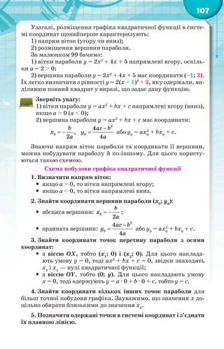 107
Узагалі, розміщення графіка квадратичної функції в систе-
мі координат щонайперше характеризують:
1) напрям віток (угору чи вниз);
2) розміщення вершини параболи.
За малюнком 99 бачимо:
1) вітки параболи y = 2x2
+ 4x + 5 напрямлені вгору, оскіль-
ки a = 2 > 0;
2) вершина параболи y = 2x2
+ 4x + 5 має координати (–1; 3).
Їх легко визначити з рівності y = 2(x + 1)2
+ 3, яку одержали, ви-
діливши повний квадрат у виразі, що задає дану функцію.
Зверніть увагу:
1) вітки параболи y = ax2
+ bx + c напрямлені вгору (вниз),
якщо a > 0 (a < 0);
2) вершина параболи y = ax2
+ bx + c має координати:

  
2
0 0
4
,
2 4
b ac b
х у
a a
або y0
= ax0
2
+ bx0
+ c.
Знаючи напрям віток параболи та координати її вершини,
можна побудувати параболу й по-іншому. Для цього користу-
ються такою схемою.
Схема побудови графіка квадратичної функції
1. Визначити напрям віток:
 якщо a > 0, то вітки напрямлені вгору;
 якщо a < 0, то вітки напрямлені вниз.
2. Знайти координати вершини параболи (x0
; y0
):
 абсциса вершини:  0
2
b
х
a
;
 ордината вершини:
2
0
4
4
ac b
y
a

 або y0
= ax0
2
+ bx0
+ c.
3. Знайти координати точок перетину параболи з осями
координат:
 з віссю ОХ, тобто (x1
; 0) і (x2
; 0). Для цього наклада-
ють умову y = 0, тоді ax2
+ bx + c = 0, звідки знаходять
x1
і x2
— нулі квадратичної функції;
 з віссю ОY, тобто (0; y). Для цього накладають умову
х = 0, тоді одержують y = a · 0 + b · 0 + c, тобто y = с.
4. Знайти координати кількох інших точок параболи для
більш точної побудови графіка. Зауважимо, що значення х до-
цільно обирати близькими до значення x0
.
5. Позначити одержані точки в системі координат і з’єднати
їх плавною лінією.
 