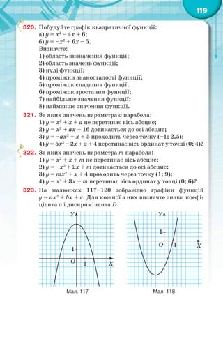 119
320. Побудуйте графік квадратичної функції:
а) y = x2
– 4x + 6;
б) y = –x2
+ 6x – 5.
Визначте:
1) область визначення функції;
2) область значень функції;
3) нулі функції;
4) проміжки знакосталості функції;
5) проміжок спадання функції;
6) проміжок зростання функції;
7) найбільше значення функції;
8) найменше значення функції.
321. За яких значень параметра а парабола:
1) y = x2
+ x + а не перетинає вісь абсцис;
2) y = x2
+ аx + 16 дотикається до осі абсцис;
3) y = –аx2
+ x + 5 проходить через точку (–1; 2,5);
4) y = 5x2
– 2x + а + 4 перетинає вісь ординат у точці (0; 4)?
322. За яких значень параметра m парабола:
1) y = x2
+ x + m не перетинає вісь абсцис;
2) y = –x2
+ 2x + m дотикається до осі абсцис;
3) y = mx2
+ x + 4 проходить через точку (1; 9);
4) y = x2
+ 3x + m перетинає вісь ординат у точці (0; 6)?
323. На малюнках 117–120 зображено графіки функцій
y = ax2
+ bx + c. Для кожної з них визначте знаки коефі-
цієнта а і дискримінанта D.
Y
O
1
1 X
Y
O
1
1 X
Мал. 117 Мал. 118
3
3
 