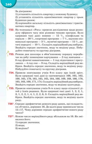 240
За діаграмою:
1) установіть кількість квартир у кожному будинку;
2) установіть кількість однокімнатних квартир у трьох
будинках разом;
3) порівняйте загальну кількість двокімнатних і трикім-
натних квартир.
732. На телеканалі «Рось» провели дослідження щодо розпо-
ділу ефірного часу між різними типами програм. Було
одержано такі дані: новини — 15 %, кінофільми та
серіали — 50 %, спортивні програми — 7 %, науково-піз-
навальні програми — 3 %, музичні програми — 15 %, ди-
тячі передачі — 10 %. Складіть варіаційний ряд вибірки.
Знайдіть середнє значення, моду та медіану ряду. Побу-
дуйте стовпчасту та кругову діаграми.
733. Режим дня школяра в обов’язковому порядку передба-
чає на добу: повноцінне харчування — 2 год; навчання —
8 год; фізичні навантаження — 1 год; відпочинок і прогу-
лянки — 4 год; сон — 9 год. Складіть варіаційний ряд ви-
бірки. Знайдіть середнє значення, моду та медіану ряду.
Побудуйте стовпчасту та кругову діаграми.
734. Провели опитування учнів 9-го класу про їхній зріст.
Були одержані такі дані (у сантиметрах): 166, 165, 162,
168, 165, 170, 165, 165, 165, 164, 168, 169, 168, 166, 170,
165, 163, 168, 171, 174. Складіть варіаційний ряд вибірки.
Знайдіть середнє значення, моду та медіану цього ряду.
735. Провели опитування учнів 9-го класу щодо кількості ді-
тей у їхніх родинах. Були одержані такі дані: 1, 2, 2, 1,
3, 1, 2, 2, 1, 4, 1, 2, 2, 6, 3. Складіть варіаційний ряд ви-
бірки. Знайдіть середнє значення, моду та медіану цього
ряду.
736*. Середнє арифметичне деякого ряду даних, що складаєть-
ся з 8 чисел, дорівнює 16. До цього ряду приписали числа
15 і 17. Чому дорівнює середнє арифметичне нового ряду
чисел?
737*. Кожне число варіаційного ряду збільшили на 10. Як змі-
нилося його:
1) середнє значення;
2) мода;
3) медіана?
7
7
 