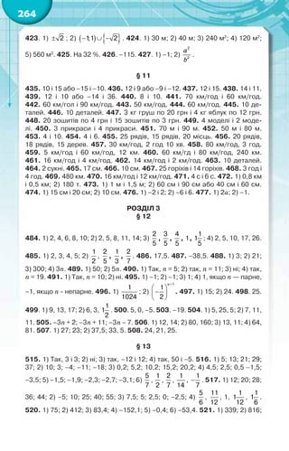 264
423. 1) 2 ; 2)    1;1 2   . 424. 1) 30 м; 2) 40 м; 3) 240 м2
; 4) 120 м2
;
5) 560 м2
. 425. На 32 %. 426. –115. 427. 1) –1; 2)
2
2
a
b
.
§ 11
435. 10 і 15 або –15 і –10. 436. 12 і 9 або –9 і –12. 437. 12 і 15. 438. 14 і 11.
439. 12 і 10 або –14 і 36. 440. 8 і 10. 441. 70 км/год і 60 км/год.
442. 60 км/гол і 90 км/год. 443. 50 км/год. 444. 60 км/год. 445. 10 де-
талей. 446. 10 деталей. 447. 3 кг груш по 20 грн і 4 кг яблук по 12 грн.
448. 20 зошитів по 4 грн і 15 зошитів по 3 грн. 449. 4 моделі і 2 моде-
лі. 450. 3 прикраси і 4 прикраси. 451. 70 м і 90 м. 452. 50 м і 80 м.
453. 4 і 10. 454. 4 і 6. 455. 25 рядів, 15 рядів, 20 місць. 456. 20 рядів,
18 рядів, 15 дерев. 457. 30 км/год, 2 год 10 хв. 458. 80 км/год, 3 год.
459. 5 км/год і 60 км/год, 12 км. 460. 60 км/гд і 80 км/год, 240 км.
461. 16 км/год і 4 км/год. 462. 14 км/год і 2 км/год. 463. 10 деталей.
464. 2 сукні. 465. 17 см. 466. 10 см. 467. 25 горіхів і 14 горіхів. 468. 3 год і
4 год. 469. 480 км. 470. 16 км/год і 12 км/год. 471. 4 с і 6 с. 472. 1) 0,8 км
і 0,5 км; 2) 180 т. 473. 1) 1 м і 1,5 м; 2) 60 см і 90 см або 40 см і 60 см.
474. 1) 15 см і 20 см; 2) 10 см. 476. 1) –2 і 2; 2) –6 і 6. 477. 1) 2а; 2) –1.
РОЗДІЛ 3
§ 12
484. 1) 2, 4, 6, 8, 10; 2) 2, 5, 8, 11, 14; 3)
2
5
,
3
5
,
4
5
, 1,
1
1
5
; 4) 2, 5, 10, 17, 26.
485. 1) 2, 3, 4, 5; 2)
1
2
,
2
5
,
1
3
,
2
7
. 486. 17,5. 487. –38,5. 488. 1) 3; 2) 21;
3) 300; 4) 3n. 489. 1) 50; 2) 5n. 490. 1) Так, n = 5; 2) так, n = 11; 3) ні; 4) так,
n = 19. 491. 1) Так, n = 10; 2) ні. 495. 1) –1; 2) –1; 3) 1; 4) 1, якщо n — парне,
–1, якщо n - непарне. 496. 1)
1
1024
; 2)
1
1
2

 
 
 
n
. 497. 1) 15; 2) 24. 498. 25.
499. 1) 9, 13, 17; 2) 6, 3,
1
1
2
. 500. 5, 0, –5. 503. –19. 504. 1) 5, 25, 5; 2) 7, 11,
11. 505. –3n + 2; –3n + 11; –3n – 7. 506. 1) 12, 14; 2) 80, 160; 3) 13, 11; 4) 64,
81. 507. 1) 27; 23; 2) 37,5; 33, 5. 508. 24, 21, 25.
§ 13
515. 1) Так, 3 і 3; 2) ні; 3) так, –12 і 12; 4) так, 50 і –5. 516. 1) 5; 13; 21; 29;
37; 2) 10; 3; –4; –11; –18; 3) 0,2; 5,2; 10,2; 15,2; 20,2; 4) 4,5; 2,5; 0,5 –1,5;
–3,5; 5) –1,5; –1,9; –2,3; –2,7; –3,1; 6)
5
7
,
1
2
,
2
7
,
1
14
,
1
7
 . 517. 1) 12; 20; 28;
36; 44; 2) –5; 10; 25; 40; 55; 3) 7,5; 5; 2,5; 0; –2,5; 4)
5
6
,
11
12
, 1,
1
1
12
,
1
1
6
.
520. 1) 75; 2) 412; 3) 83,4; 4) –152,1; 5) –0,4; 6) –53,4. 521. 1) 339; 2) 816;
 