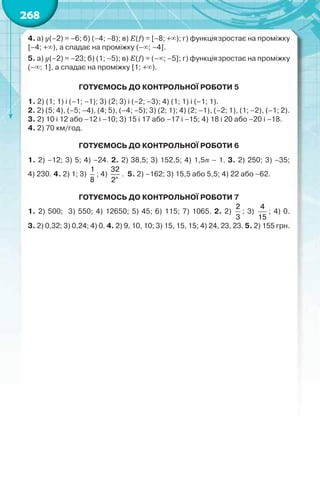 268
4. а) y(–2) = –6; б) (–4; –8); в) E(f) = [–8; +); г) функціязростає на проміжку
[–4; +), а спадає на проміжку (–; –4].
5. а) y(–2) = –23; б) (1; –5); в) E(f) = (–; –5]; г) функціязростає на проміжку
(–; 1], а спадає на проміжку [1; +).
ГОТУЄМОСЬ ДО КОНТРОЛЬНОЇ РОБОТИ 5
1. 2) (1; 1) і (–1; –1); 3) (2; 3) і (–2; –3); 4) (1; 1) і (–1; 1).
2. 2) (5; 4), (–5; –4), (4; 5), (–4; –5); 3) (2; 1); 4) (2; –1), (–2; 1), (1; –2), (–1; 2).
3. 2) 10 і 12 або –12 і –10; 3) 15 і 17 або –17 і –15; 4) 18 і 20 або –20 і –18.
4. 2) 70 км/год.
ГОТУЄМОСЬ ДО КОНТРОЛЬНОЇ РОБОТИ 6
1. 2) –12; 3) 5; 4) –24. 2. 2) 38,5; 3) 152,5; 4) 1,5n – 1. 3. 2) 250; 3) –35;
4) 230. 4. 2) 1; 3)
1
8
; 4)
32
2n
. 5. 2) –162; 3) 15,5 або 5,5; 4) 22 або –62.
ГОТУЄМОСЬ ДО КОНТРОЛЬНОЇ РОБОТИ 7
1. 2) 500; 3) 550; 4) 12650; 5) 45; 6) 115; 7) 1065. 2. 2)
2
3
; 3)
4
15
; 4) 0.
3. 2) 0,32; 3) 0,24; 4) 0. 4. 2) 9, 10, 10; 3) 15, 15, 15; 4) 24, 23, 23. 5. 2) 155 грн.
 
