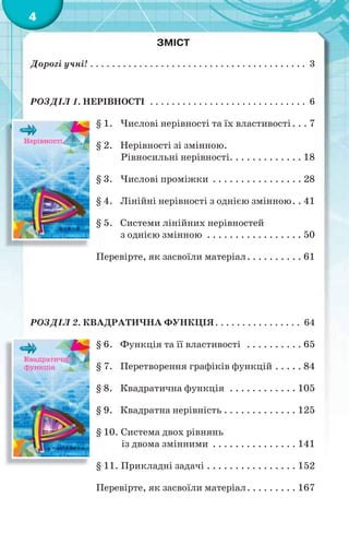 4
ЗМІСТ
Дорогі учні! . . . . . . . . . . . . . . . . . . . . . . . . . . . . . . . . . . . . . . . . 3
РОЗДІЛ 1. НЕРІВНОСТІ . . . . . . . . . . . . . . . . . . . . . . . . . . . . . 6
§ 1. Числові нерівності та їх властивості. . . 7
§ 2. Нерівності зі змінною.
Рівносильні нерівності. . . . . . . . . . . . . 18
§ 3. Числові проміжки . . . . . . . . . . . . . . . . 28
§ 4. Лінійні нерівності з однією змінною. . 41
§ 5. Системи лінійних нерівностей
з однією змінною . . . . . . . . . . . . . . . . . 50
Перевірте, як засвоїли матеріал. . . . . . . . . . 61
РОЗДІЛ 2. КВАДРАТИЧНА ФУНКЦІЯ. . . . . . . . . . . . . . . . 64
§ 6. Функція та її властивості . . . . . . . . . . 65
§ 7. Перетворення графіків функцій . . . . . 84
§ 8. Квадратична функція . . . . . . . . . . . . 105
§ 9. Квадратна нерівність . . . . . . . . . . . . . 125
§ 10. Система двох рівнянь
із двома змінними . . . . . . . . . . . . . . . 141
§ 11. Прикладні задачі . . . . . . . . . . . . . . . . 152
Перевірте, як засвоїли матеріал. . . . . . . . . 167
 