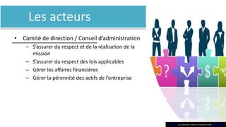 Les acteurs
• Comité de direction / Conseil d’administration
– S’assurer du respect et de la réalisation de la
mission
– S’assurer du respect des lois applicables
– Gérer les affaires financières
– Gérer la pérennité des actifs de l’entreprise
This Phoo by Unknown Author is licensed under CC BY-SA-NC
 