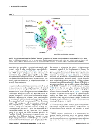 understand how researchers with different academic back-
grounds tend to develop interdisciplinary teams in hydro-
power-related research (Figure 3). In Figure 3, nodes repre-
sent WOS subject categories and two categories are
connected if they tend to appear together in the WOS
description of the same publications on hydroelectric dams.
Polygons around nodes show clusters of more densely con-
nected categories as identiﬁed by the Louvain algorithm for
network cluster detection.
Isolatesorsmallclustersintheco-occurrencenetworkreveal
more peripheral and insular disciplinary areas, with limited
connections to other disciplines in Brazilian Amazon hydro-
power research, such as Computer Science and Electrical
Engineering, Tropical Medicine, and Animal Sciences. By
contrast, central nodes in large and central clusters represent
disciplinary ﬁelds that tend to connectwith a higher number
of other ﬁelds in multi- or interdisciplinary research efforts.
As an example of such connections, the Water Resources
category (55) emerges as a hub of connections between all
major subject areas (i.e., clusters) in hydropower research,
except for Energy and Fuels. The subjects of Ecology (13),
Environmental Sciences (22), Green and Sustainable Sci-
ence and Technology (30), and Energy and Fuels (16) also
appear to be central and bridge to other peripheral or
“satellite” ﬁelds. By detecting subject categories that span
researchers from different disciplinary clusters, we can
design strategies to create scientiﬁc bridges and facilitate
communicationandcollaborationacrossdisciplinarydivides.
In addition to identifying the linkages between subject
categories, our analysis also identiﬁes some of the gaps that
may be fertile ground to produce innovation and new
knowledgeinresearchonhydroelectricdamsintheBrazilian
Amazon. For example, in Figure 3 there is no connection
between the Electrical Engineering/Computer Science
cluster and the Water Resources cluster, a gap or “structural
hole” that may represent an opportunity for novel collabora-
tions and potential innovations [40]. Tropical Medicine is
also an isolate cluster, which could be connected to Zoology
and Health Sciences by new, interdisciplinary research.
Table 1 lists the top ten subject categories in Brazilian
hydroelectricdam-relatedpublicationsthathavethehighest
number of between-cluster ties in Figure 3, revealing a
tendency for interdisciplinary research. While these catego-
ries do not always align exactly to traditional academic
disciplines, they help us identify the types of cross-cutting
bridging subjects of interest to people who are currently
studying hydropower in Brazil.
Additional analyses of the network measured centrality5
of different subjects in the networks and captured the
level of involvement, bridging, and inﬂuence of nodes
54 Sustainability challenges
Figure 3
Computer Science 
Electrical Engineering
Water Resources,
Geosciences, Geography 
Engineering
Fisheries  Zoology
Environmental Sciences,
Health, Conservation 
Atmospheric Sciences
Energy  Fuels
Social Sciences
Humanities 
Area Studies
Biochemistry, Cell 
Molecular Biology
Animal Sciences
Tropical Medicine
Current Opinion in Environmental Sustainability
Network of co-occurrences between WOS subject categories in publications on Brazilian Amazon hydroelectric dams for the 2014–2019 period.
Nodes are WOS subject categories, links are co-occurrences. Black lines are links between nodes in the same Louvain cluster, red lines are links
between nodes in different clusters. Node numeric IDs and corresponding categories are provided in the Supplementary Materials (SM1).
5
Degree centrality is a simple count of the links a node has in a
network, capturing involvement, activity and potential inﬂuence.
Betweenness centrality measures the extent to which a node sits on
the shortest paths between other nodes, capturing bridging and broker-
age between otherwise disconnected areas of the network [45].
Current Opinion in Environmental Sustainability 2019, 37:50–69 www.sciencedirect.com
 