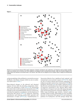 andgeomorphology,ﬁshandﬁsheries,terrestrialecosystem
feedbacks, and climate change), which we aim to synthe-
size below and in Table 2.
Dam-induced changes in the physical and chemical
regimes of rivers alter the diversity, composition, distri-
bution and abundance of ﬁsh [10
,73,74], threatening
one-third of the world’s freshwater ﬁsh biodiversity [3
].
Changes in the seasonal ﬂood pulse and river connectivity
interrupt the migration, recruitment, and development of
Amazonian ﬁsh species [10
,75], negatively impacting
reproduction and reducing catches both upstream and
downstream of dams [10
,75,76]. Transformations in
Amazonian ﬁsheries have signiﬁcant local, regional, and
transnational socio-economic impacts [33
,76,77], which
are also of critical cultural and economic importance for
indigenous peoples and riverine communities [78]. While
biological, functional [79] and trophic indicators [80] of
ﬁsh diversity and abundance have been developed, a lack
of long-term monitoring in the Amazon Basin makes
identiﬁcation of impacts and trade-offs during dam plan-
ning and licensing processes extremely difﬁcult [33
,77].
Other major knowledge gaps include a limited under-
standing of ﬂow-ecology relationships for the incredible
diversity of Amazonian ﬁsh species [85] and inadequate
guidance for hydropower and ﬁsh passage design that
56 Sustainability challenges
Figure 4
(a)
= Environmental Sciences
= Environmental Sciences
= Environmental Studies
= Environmental Studies
= Energy  Fuels
= Ecology
= Ecology
= Geosciences, Multidisciplinary
= Geosciences, Multidisciplinary
= Economics
= Green  Suatainable Sciences  Technology
= Zoology
= Water Resources
= Water Resources
= Marine  Freshwater Biology
= Marine  Freshwater Biology
(b)
Current Opinion in Environmental Sustainability
Network of co-occurrences between WOS subject categories in Brazilian hydroelectric dam publications. (a) Categories sized by degree centrality.
Larger size indicates more connections with other categories. (b) Categories sized by betweenness centrality. Larger size indicates categories that
bridge distant and otherwise unconnected areas in the network. Red nodes are the categories with the highest values of degree and betweenness
centrality.
Current Opinion in Environmental Sustainability 2019, 37:50–69 www.sciencedirect.com
 