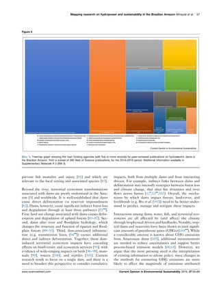 prevent ﬁsh mortality and injury [81] and which are
relevant to the local setting and associated species [87].
Beyond the river, terrestrial ecosystem transformations
associated with dams are poorly understood in the Ama-
zon [9] and worldwide. It is well-established that dams
cause direct deforestation via reservoir impoundment
[82]. Dams, however, cause signiﬁcant indirect forest loss
and degradation through at least three pathways [55
].
First, land use change associated with dams causes defor-
estation and degradation of upland forests [83–87]. Sec-
ond, dams alter river and ﬂoodplain hydrology, which
changes the structure and function of riparian and ﬂood-
plain forests [88–93]. Third, dam-associated infrastruc-
ture (e.g. transmission lines; [94
]) causes additional
direct and indirect deforestation. Together, these dam-
induced terrestrial ecosystem impacts have cascading
effects on biodiversity and ecosystem services [95], with
evidence of wide-ranging impacts on birds [96–98], mam-
mals [99], insects [100], and reptiles [101]. Current
research tends to focus on a single dam, and there is a
need to broaden this perspective to consider cumulative
impacts, both from multiple dams and from interacting
drivers. For example, indirect links between dams and
deforestation may intensify synergies between forest loss
and climate change, that alter ﬁre dynamics and river
ﬂows across basins [12
,53
,102]. Overall, the mecha-
nisms by which dams impact forests, land-cover, and
livelihoods (e.g. Bro et al. [103]) need to be better under-
stood to predict, manage and mitigate these impacts.
Interactions among dams, water, ﬁsh, and terrestrial eco-
systems are all affected by (and affect) the climate
through biophysical drivers and feedbacks. Notably, trop-
ical dams and reservoirs have been shown to emit signiﬁ-
cant amounts of greenhouse gases (GHGs) [104
]. While
a considerable amount is known about GHG emissions
from Amazonian dams [105], additional measurements
are needed to reduce uncertainties and support better
process-based emission models [60,61]. However, we
argue that the most pressing need is the interpretation
of existing information to advise policy, since changes in
the methods for estimating GHG emissions are more
likely to affect the magnitude of emissions attributed
Mapping research on hydropower and sustainability in the Brazilian Amazon Athayde et al. 57
Figure 5
Current Opinion in Environmental Sustainability
(Box 1). Treemap graph showing the main funding agencies (with five or more records) for peer-reviewed publications on hydroelectric dams in
the Brazilian Amazon, from a subset of 290 Web of Science publications, for the 2014–2019 period. Additional information available in
Supplementary Materials # 3 (SM 3).
www.sciencedirect.com Current Opinion in Environmental Sustainability 2019, 37:50–69
 