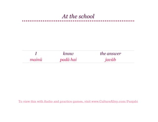 At the school

I
mainū

know
padā hai

the answer
javāb

To view this with Audio and practice games, visit www.CultureAlley.com/Punjabi

 