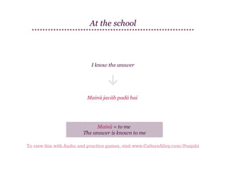 At the school

I know the answer

Mainū javāb padā hai

Mainū = to me
The answer is known to me
To view this with Audio and practice games, visit www.CultureAlley.com/Punjabi

 