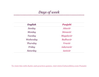 Days of week

English

Punjabi

Sunday

Aitavār

Monday

Sōmavār

Tuesday

Magalavār

Wednesday

Budhavār

Thursday

Vravār

Friday

śukaravār

Saturday

śanīvār

To view this with Audio and practice games, visit www.CultureAlley.com/Punjabi

 